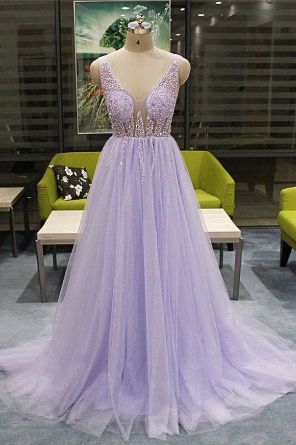 A Line V Neck Sleeveless Backless Beading Fashion Long Tulle Prom Dresses/Evening Dress GRD013
