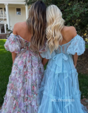 Chic A-line Off-the-shoulder Flower Long Prom Dress Tulle Elegant Evening Dress #JKSS620