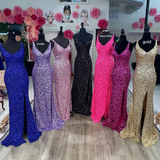 Chic Sheath/Column V neck Prom Dresses Sparkly Long Evening Dress Sequins Formal Dresses TKL093|Selinadress