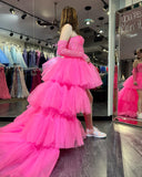 Gorgeous Sweetheart Hot Pink Lace Long Prom Dresses High Low Layered Formal Dresses JKW124