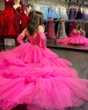 Gorgeous Sweetheart Hot Pink Lace Long Prom Dresses High Low Layered Formal Dresses JKW124