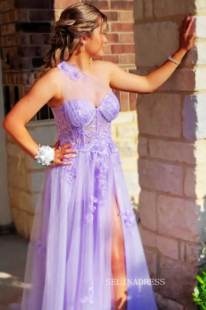A-line One Shoulder Floral Long Prom Dress Cheap Tulle Formal Dresses SELINADRESS A-line One Shoulder Floral Long Prom Dress Cheap Tulle Formal Dresses SELINADRESS