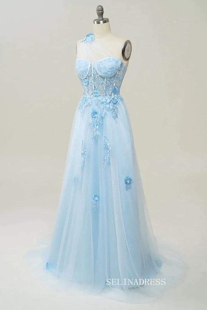 A-line One Shoulder Floral Long Prom Dress Cheap Tulle Formal Dresses SELINADRESS A-line One Shoulder Floral Long Prom Dress Cheap Tulle Formal Dresses SELINADRESS