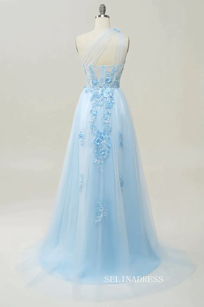 A-line One Shoulder Floral Long Prom Dress Cheap Tulle Formal Dresses SELINADRESS A-line One Shoulder Floral Long Prom Dress Cheap Tulle Formal Dresses SELINADRESS