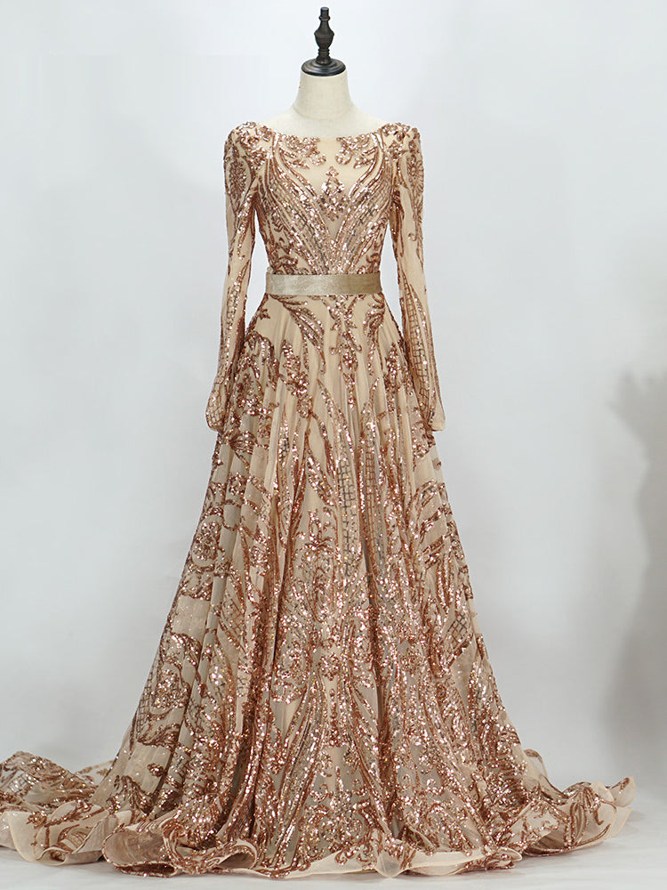 Luxury Sequins Sweep Train Long Sleeve Plus Size Prom Dress Formal Eve SELINADRESS Luxury Sequins Sweep Train Long Sleeve Plus Size Prom Dress Formal Eve SELINADRESS