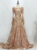 Luxury Sequins Sweep Train Long Sleeve Plus Size Prom Dress Formal Evening Gown SC044