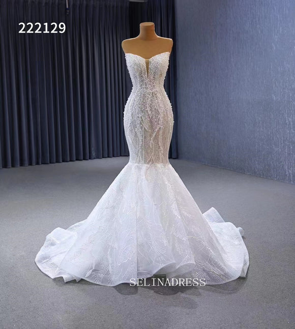 Luxury Strapless Mermaid Beaded White Wedding Dress Bridal Gowns 222129|Selinadress