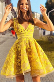 A-line V neck Applique Lace Short Prom Dress Unique Homecoming Dress MHL094