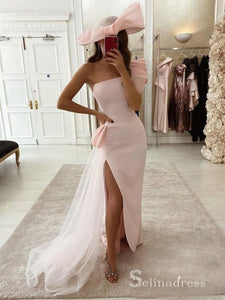 Sheath/Column One Shoulder Thigh Split Long Prom Dresses Pink Evening Dress MHL137|Selinadress