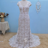 Mermaid V neck Cap Sleeve Rustic Lace Wedding Dresses Backless Bridal Gowns MHL153