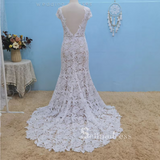Mermaid V neck Cap Sleeve Rustic Lace Wedding Dresses Backless Bridal Gowns MHL153