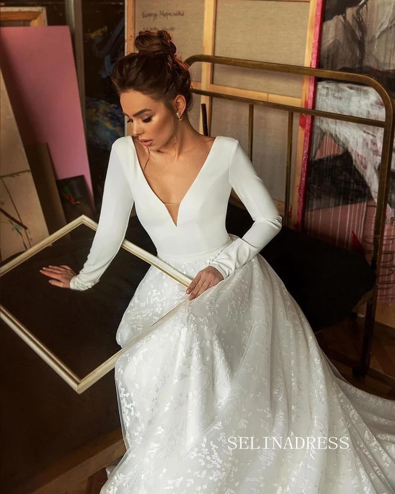 A-line Deep V Neck Long Sleeve Ivory Wedding Dresses Satin Bridal Gown SELINADRESS A-line Deep V Neck Long Sleeve Ivory Wedding Dresses Satin Bridal Gown SELINADRESS