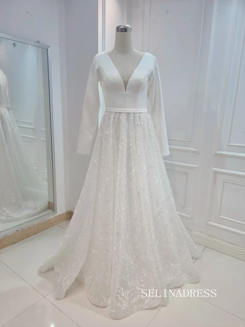 A-line Deep V Neck Long Sleeve Ivory Wedding Dresses Satin Bridal Gown SELINADRESS A-line Deep V Neck Long Sleeve Ivory Wedding Dresses Satin Bridal Gown SELINADRESS