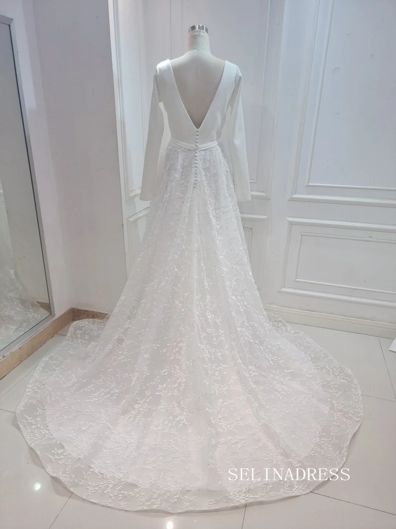 A-line Deep V Neck Long Sleeve Ivory Wedding Dresses Satin Bridal Gown – SELINADRESS A-line Deep V Neck Long Sleeve Ivory Wedding Dresses Satin Bridal Gown – SELINADRESS
