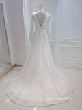 A-line Deep V Neck Long Sleeve Ivory Wedding Dresses Satin Bridal Gowns MHL160|Selinadress