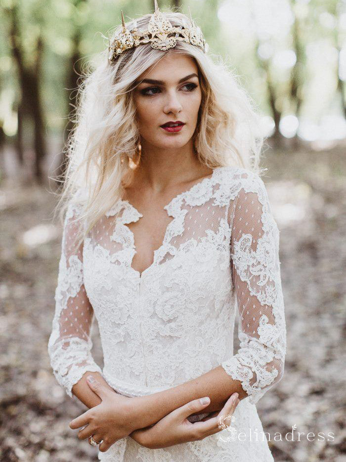 Sheath/Column 3/4 Sleeve V neck Wedding Dress Front Zipper Lace Bridal Dress MHL1692 Sheath/Column 3/4 Sleeve V neck Wedding Dress Front Zipper Lace Bridal Dress MHL1692