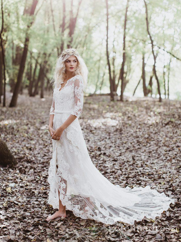 Sheath/Column 3/4 Sleeve V neck Wedding Dress Front Zipper Lace Bridal Dress MHL1692 Sheath/Column 3/4 Sleeve V neck Wedding Dress Front Zipper Lace Bridal Dress MHL1692