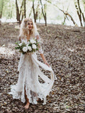 Sheath/Column 3/4 Sleeve V neck Wedding Dress Front Zipper Lace Bridal Dress MHL1692|Selinadress