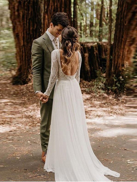 long sleeve lace wedding dress with satin skirt Lace Satin A-Line Wedding Dress with Long Sleeves & Illusion Back main image 1