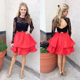 Two Piece Homecoming Dress Red Long Sleeves Black Lace Prom Dress MK539
