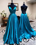 Chic A-line Spaghetti Straps Light Sky Blue Long Prom Dresses Cheap Evening Gowns MLH023