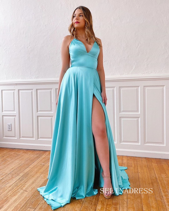 Chic A-line Spaghetti Straps Light Sky Blue Long Prom Dresses Cheap Evening Gowns MLH023|Selinadress