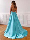 Chic A-line Spaghetti Straps Light Sky Blue Long Prom Dresses Cheap Evening Gowns MLH023|Selinadress