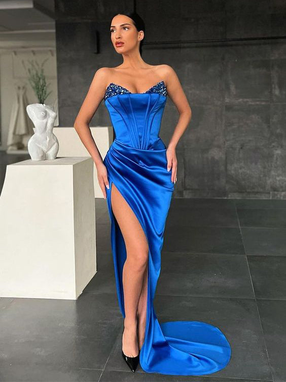 Chic Mermaid Strapsless Royal Blue Cheap Long Prom Dresses Sexy Satin Evening Gowns MLH050|Selinadress