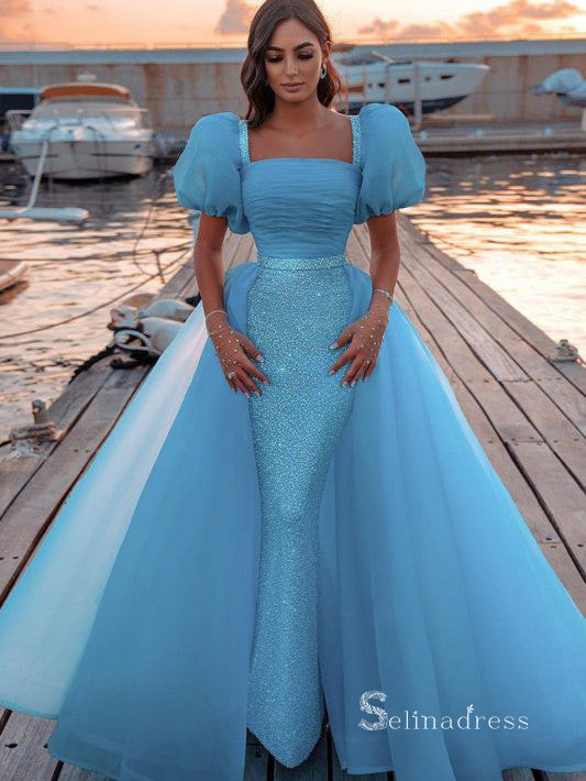 Chic A-line Blue Long Prom Dresses Square Neck Organza Evening Dresses SELINADRESS Chic A-line Blue Long Prom Dresses Square Neck Organza Evening Dresses SELINADRESS