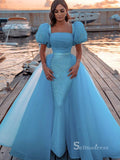 Chic A-line Blue Long Prom Dresses Square Neck Organza Evening Dresses MLH1212|Selinadress