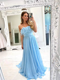 Chic A-line Light Sky Blue Chiffon Feather Long Prom Dresses Evening Dresses MLH2009|Selinadress