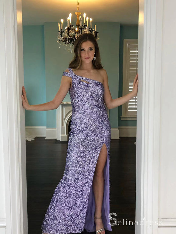 Chic Sheath/Column One Shoulder Lilac Sparkly Long Prom Dresses Evening Dresses MLH2014|Selinadress