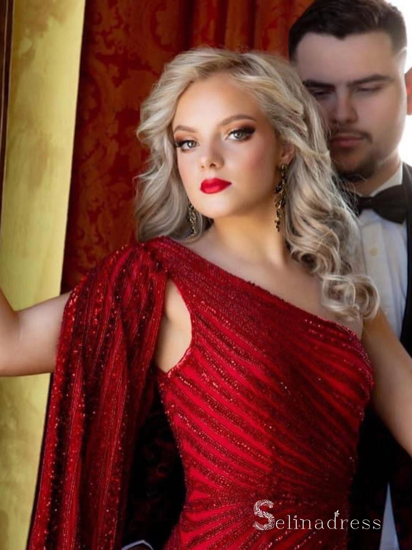 Chic Mermaid One Shoulder Beaded Red Long Prom Dresses Modest Evening SELINADRESS Chic Mermaid One Shoulder Beaded Red Long Prom Dresses Modest Evening SELINADRESS