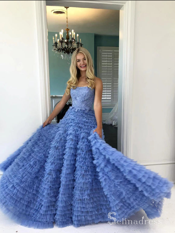 Chic Ball Gown Strapless Blue Applique Prom Dresses Modest Princess Evening Dresses MLH2029|Selinadress