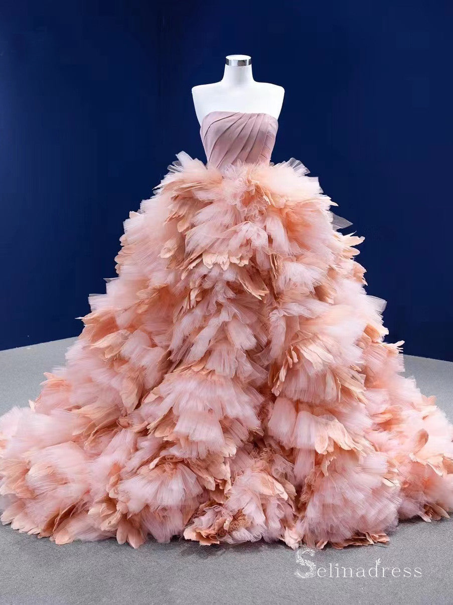 pink feather wedding dress Strapless Pink Wedding Dress Feather Bodice Ball Gown Sequin Bridal Dress Blush Princess Gown Fairy Tale Evening Dress
