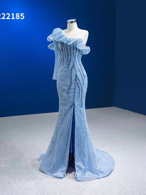 Mermaid One Shoulder Sky Blue Prom Dress Long Sleeve Sequins Pageant Dress RSM222185|Selinadress