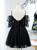 Black  v neck lace short prom dress tulle lack black party dress