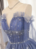 Blue tulle sequin short prom dress, blue tulle formal dress