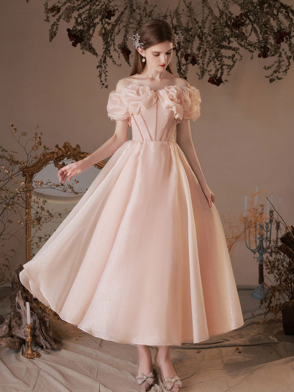 Pink tulle off shoulder tea length prom dress pink tulle evening dress