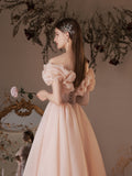 Pink tulle off shoulder tea length prom dress pink tulle evening dress