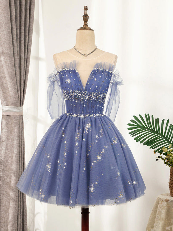 Blue tulle sequin short prom dress, blue tulle formal dress