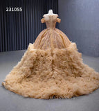 Off-the-shoulder Gold Ball Gowns Wedding Dresses Tulle Beaded Formal Dresses 231055|Selinadress