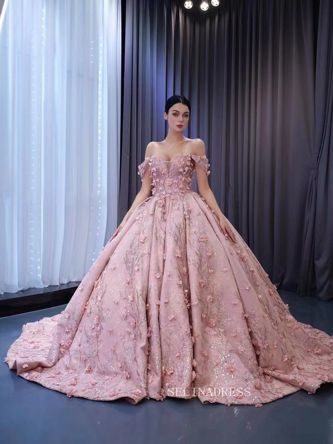 pink dresses for quinceaneras Off the Shoulder 3D Flower Pink Quince Dresses Ball Gown Wedding Dress – SELINADRESS