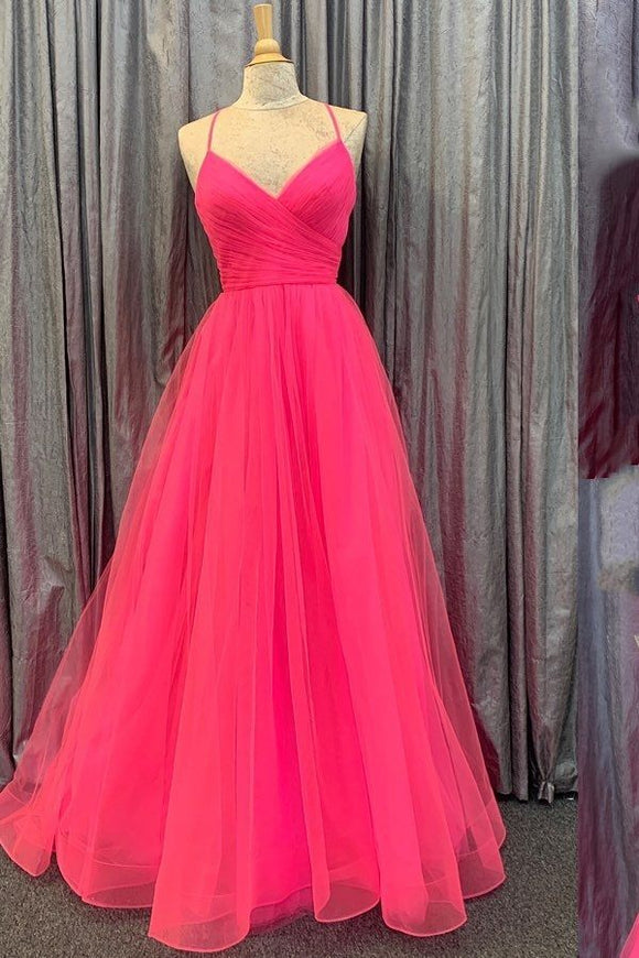 A-line Spaghetti Straps Hot Pink Pleated Long Prom Dress Evening Dresses EWQ004|Selinadress