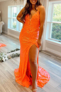 Elegant Orange Sequins Mermaid Formal Dress with Slit EWQ025