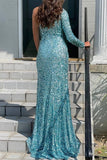 One-shoulder Long Sleeve Tiffany Blue Sequins Long Formal Dress EWQ007
