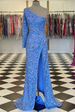 One-shoulder Long Sleeve Tiffany Blue Sequins Long Formal Dress EWQ007