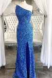 One Shoulder Blue Sequins Mermaid Long Formal Dress EWQ017