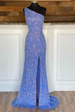 One Shoulder Blue Sequins Mermaid Long Formal Dress EWQ017