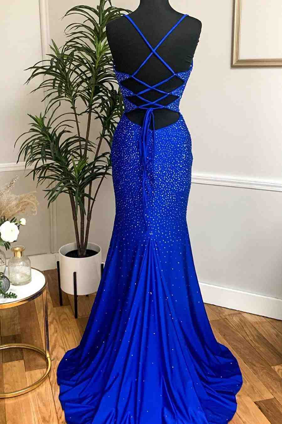 Royal Blue Beaded Cowl Neck Mermaid Long Prom Dress EWQ019 – SELINADRESS